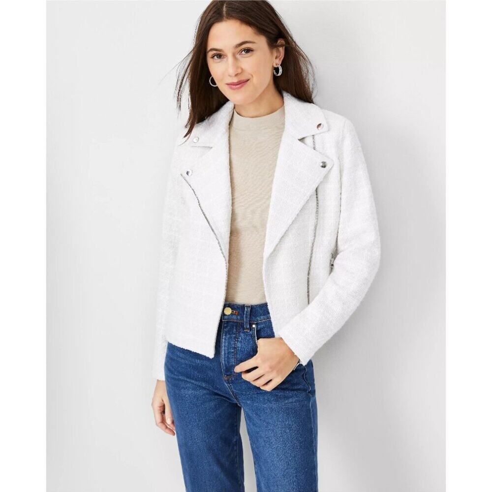 Ann Taylor Off-White Tweed Moto Jacket Women's Size 4 EUC Zip Up Pockets